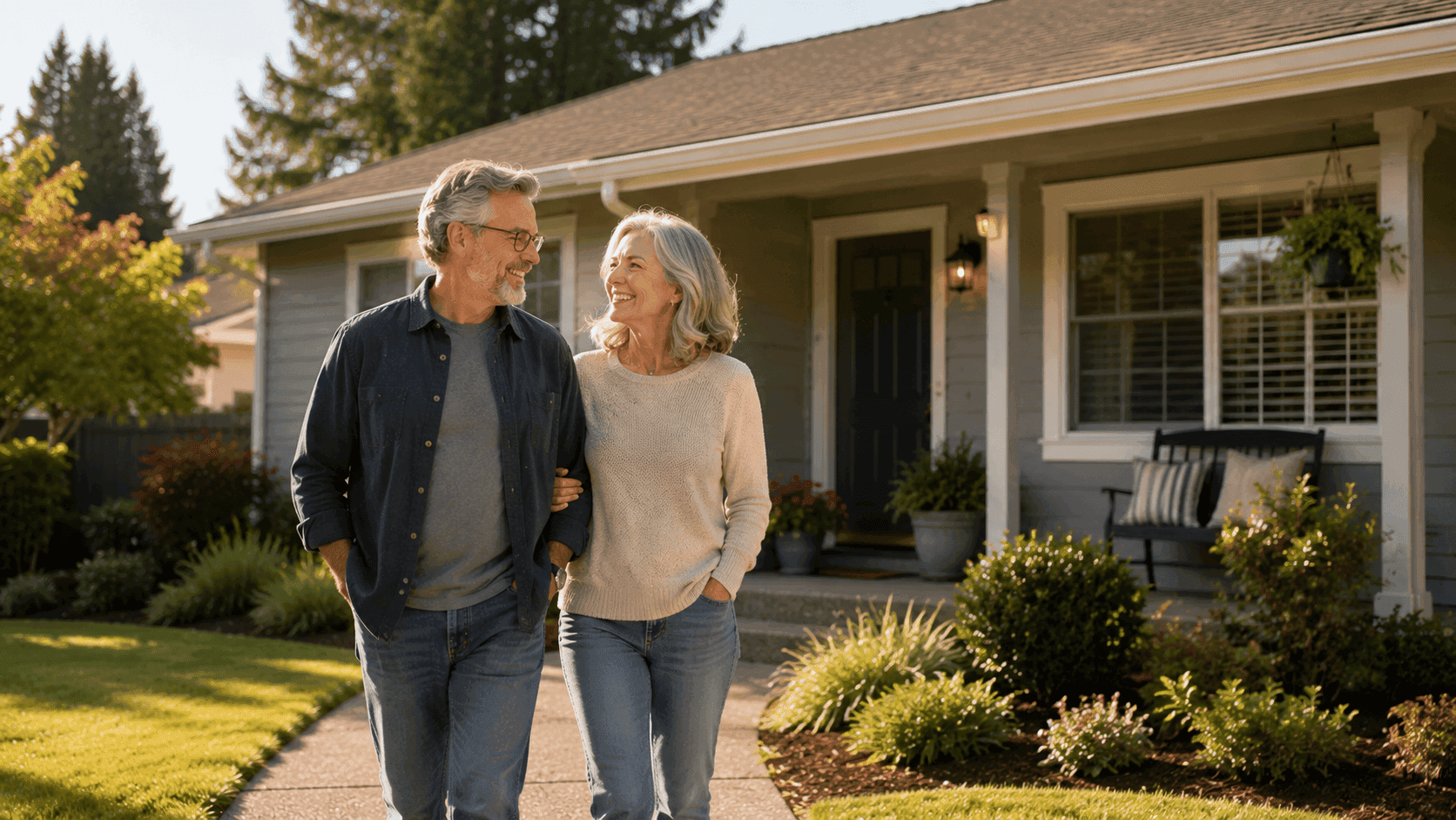 Empty nester couple walking in front of a well-maintained Albany Oregon home on a quiet residential street.