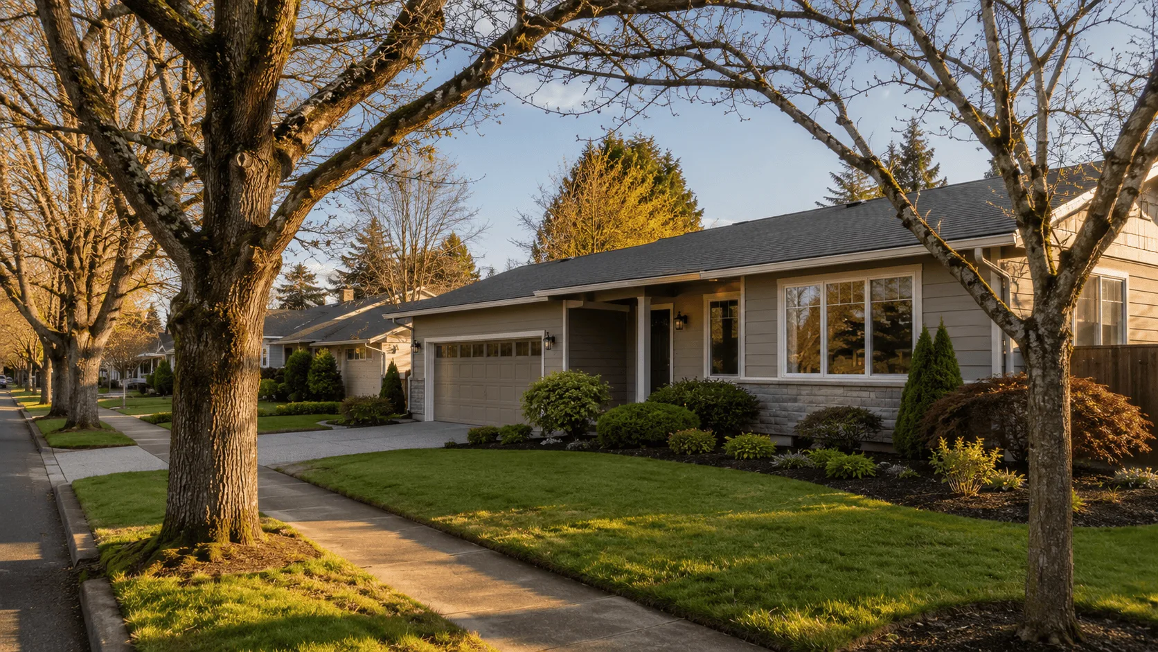 Albany Oregon residential neighborhood street with well-maintained homes reflecting local property tax value.