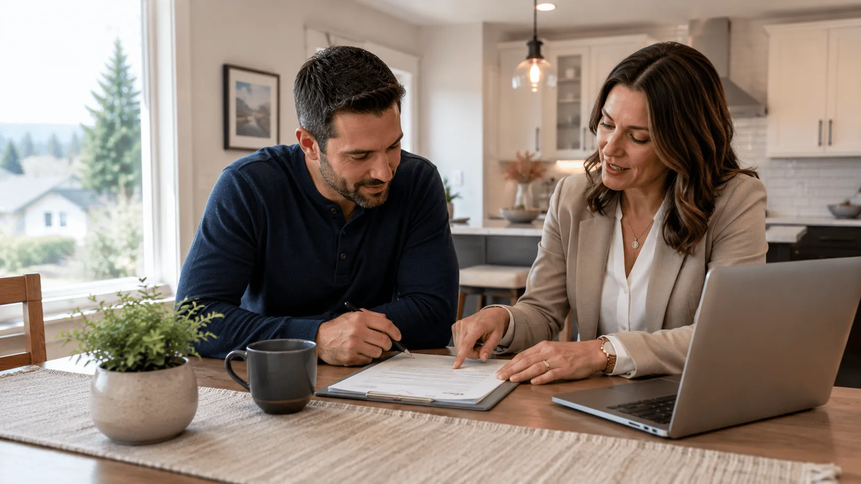 Albany Oregon home buyer reviewing an offer with a real estate agent at a table.