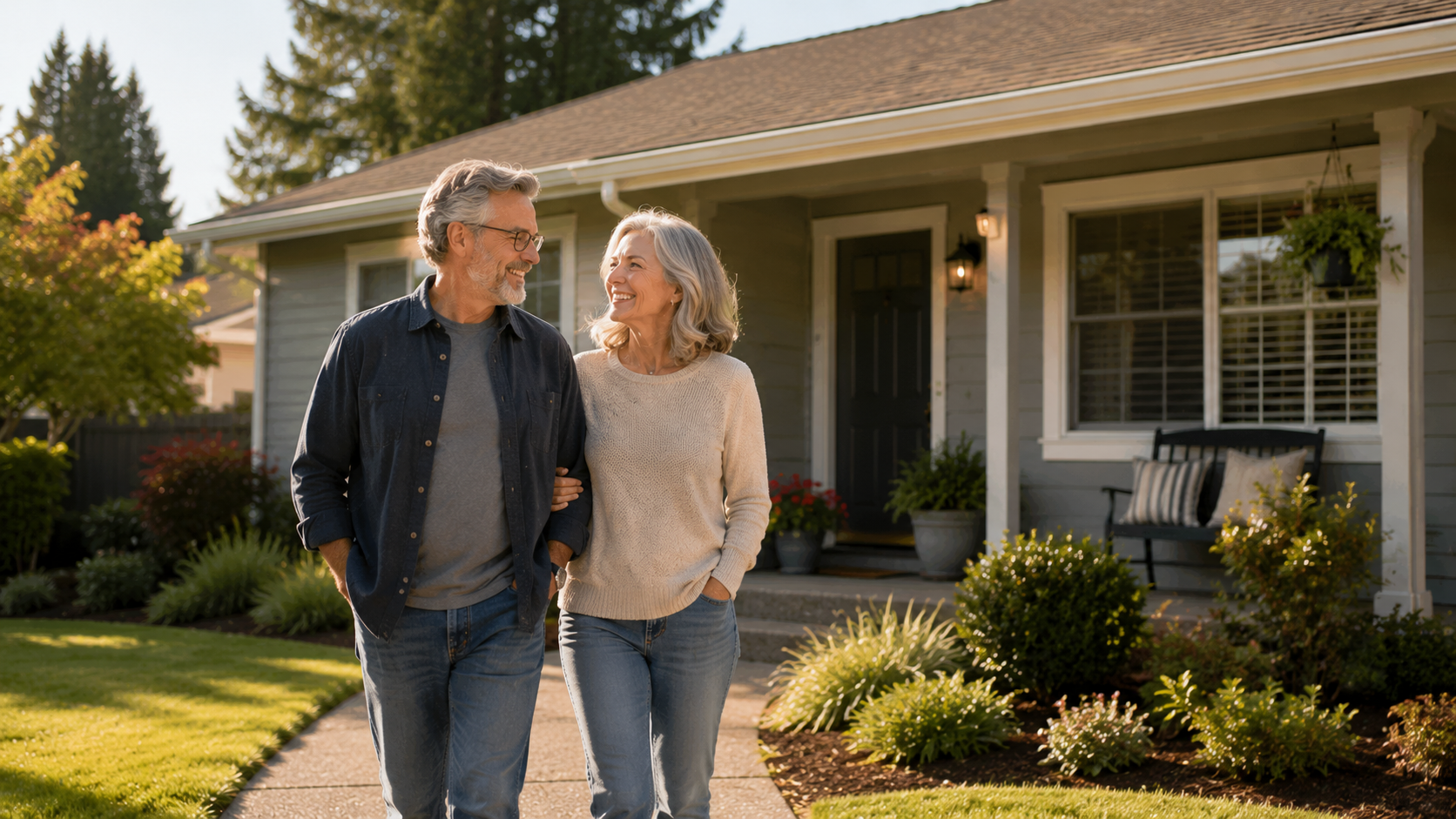 Empty nester couple walking in front of a well-maintained Albany Oregon home on a quiet residential street.