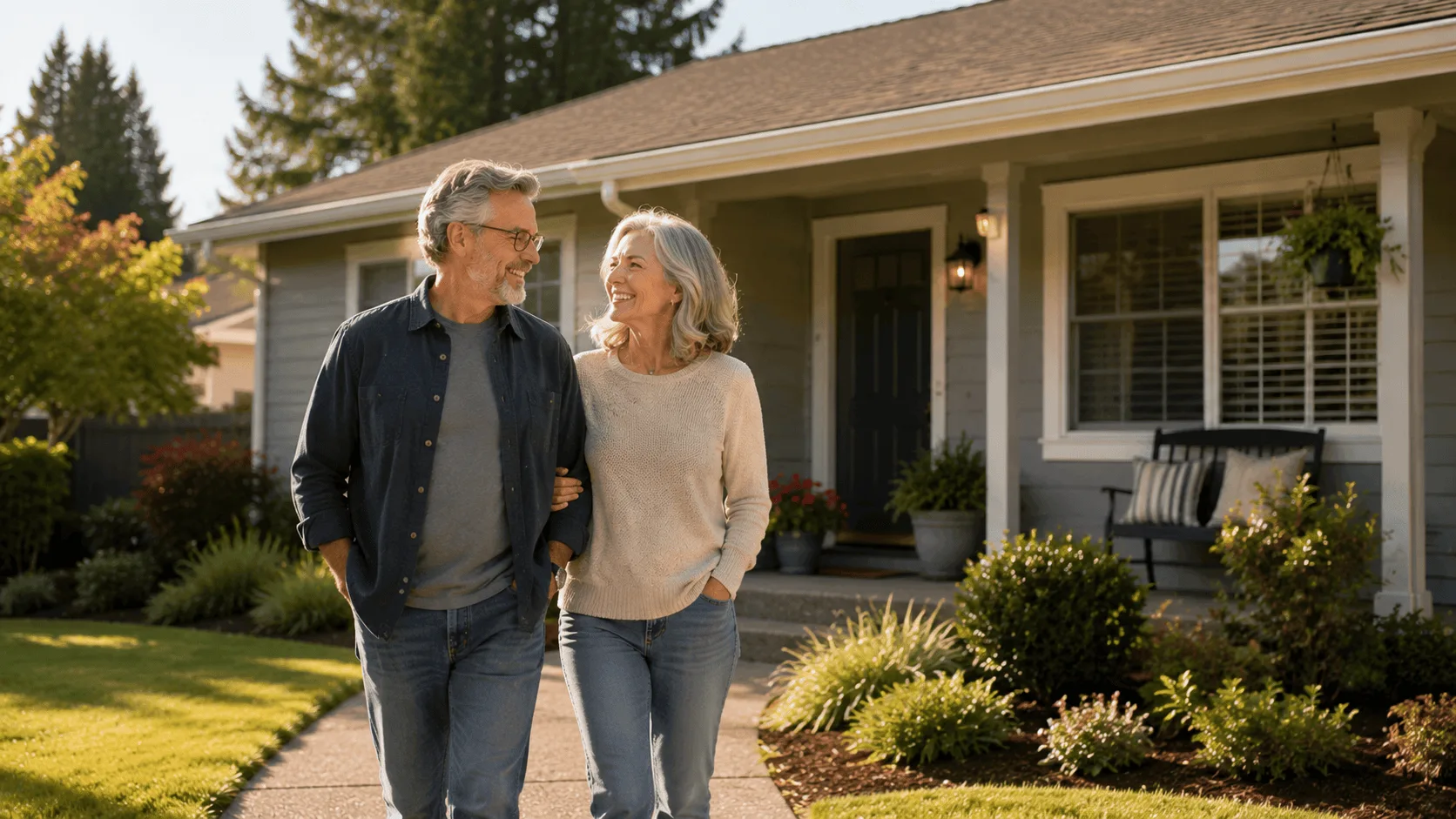 Empty nester couple walking in front of a well-maintained Albany Oregon home on a quiet residential street.