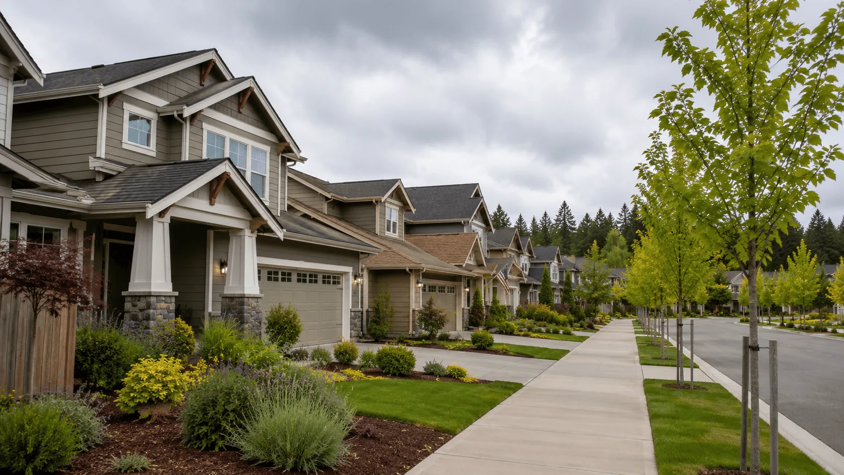 Knox Butte and Oak Creek Albany Oregon — newer construction homes on a tree-lined residential street.