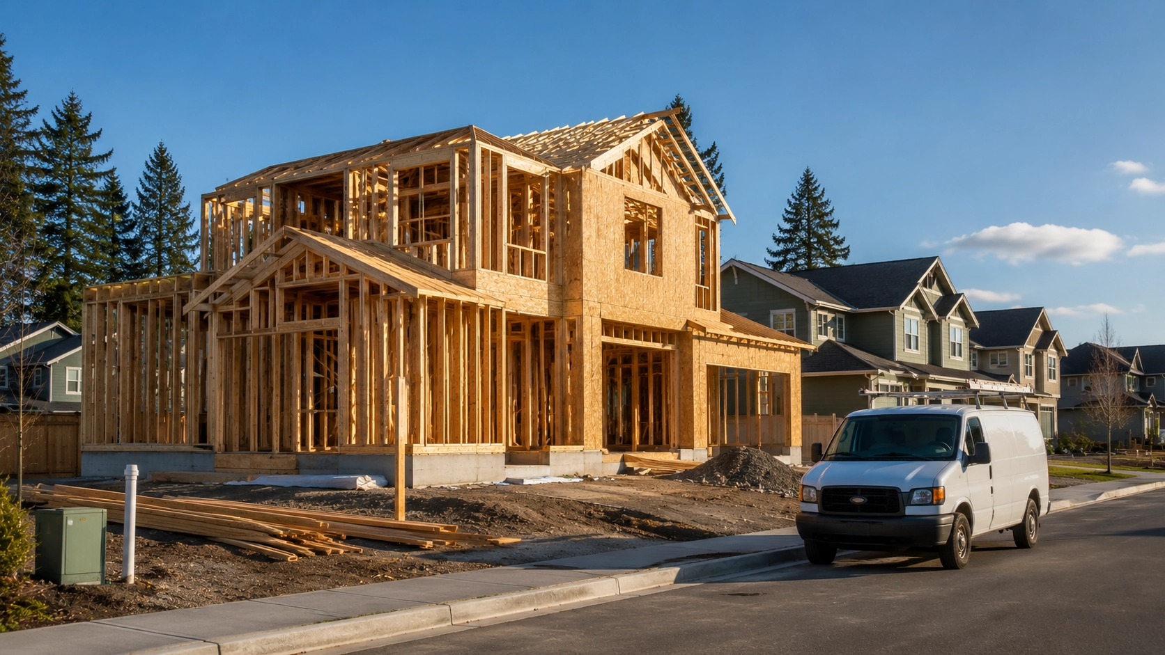 New construction homes under development in Albany Oregon with framed walls and fresh landscaping.
