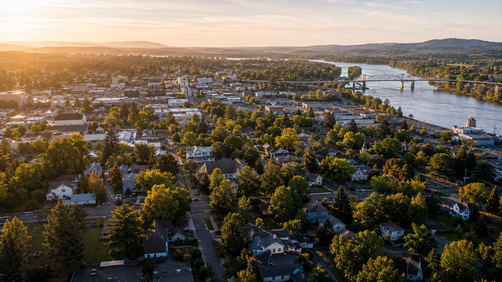 Aerial view of Albany Oregon neighborhoods and the Willamette Valley at golden hour.