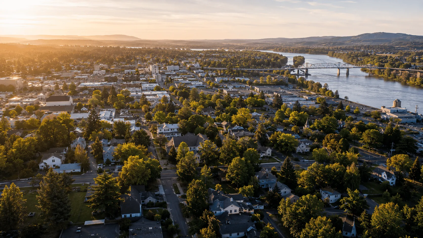Aerial view of Albany Oregon neighborhoods and the Willamette Valley at golden hour.