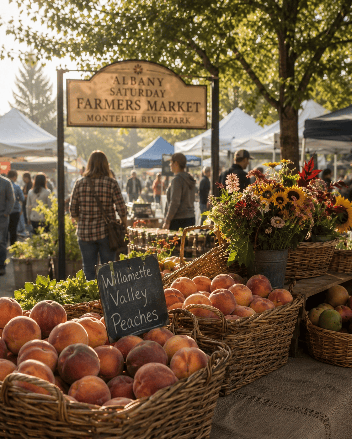 Albany Saturday farmers market with woven baskets of fresh Willamette Valley produce in soft morning light.