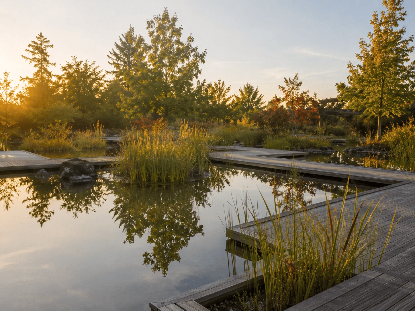 Quiet wetland boardwalk at Talking Water Gardens with reflective pools and tall grasses.