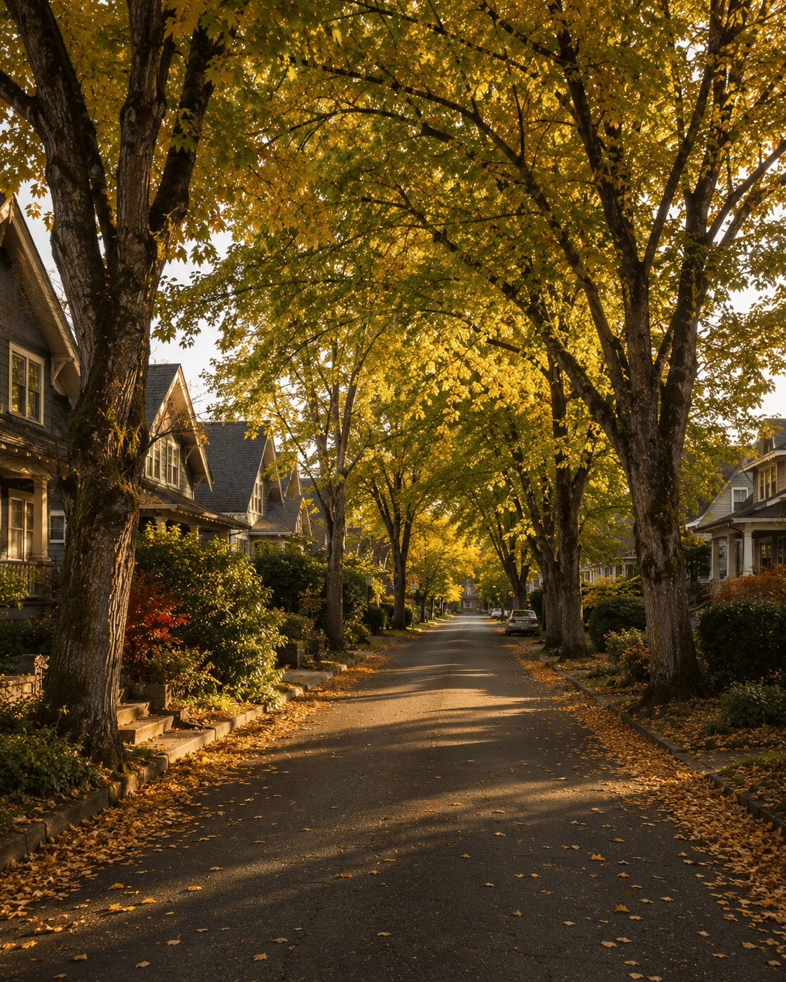 Tree canopied residential street in North Albany with mature maples arching over the lane.