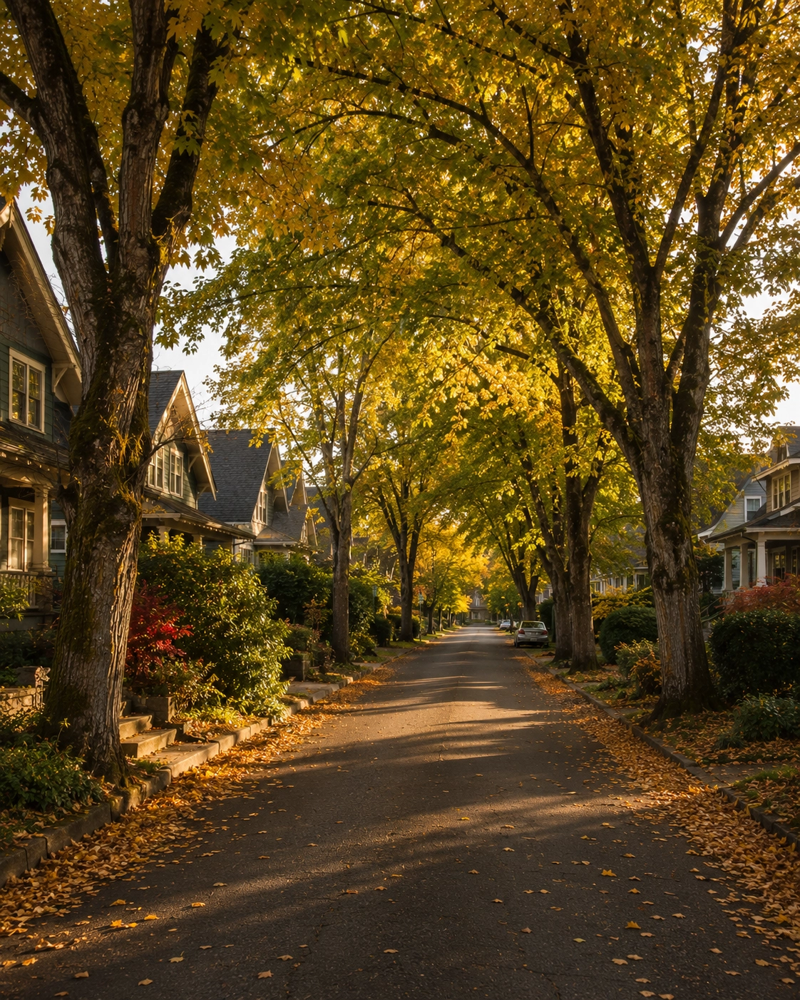 Tree canopied residential street in North Albany with mature maples arching over the lane.