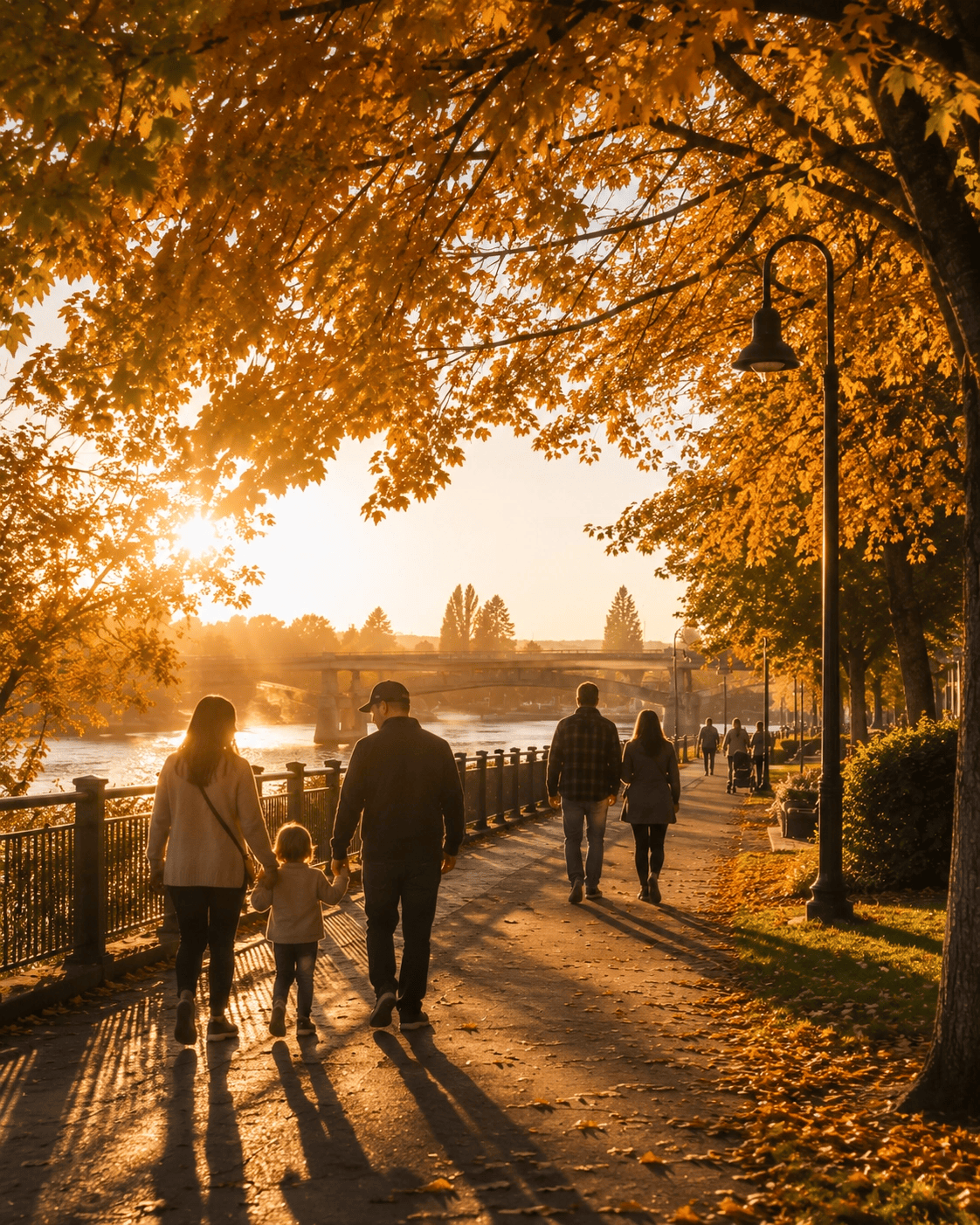 Families walking the Albany riverfront path at golden hour with autumn trees overhead.