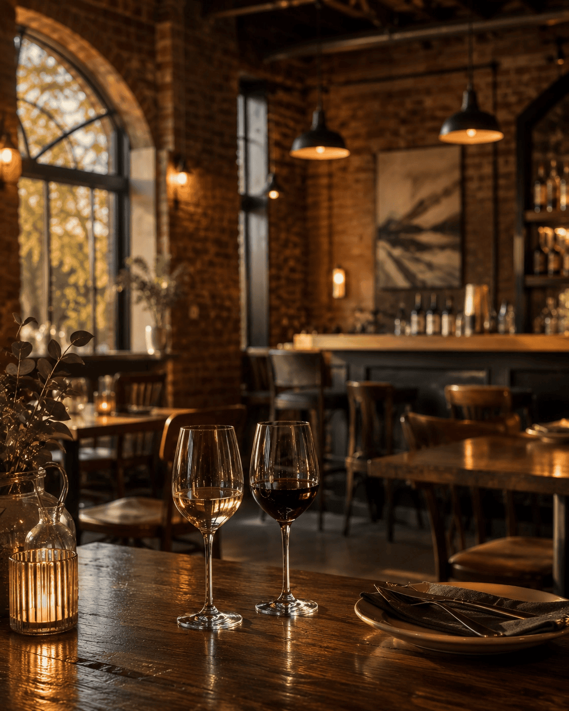 Warmly lit downtown Albany restaurant interior with brick walls and pendant lighting.