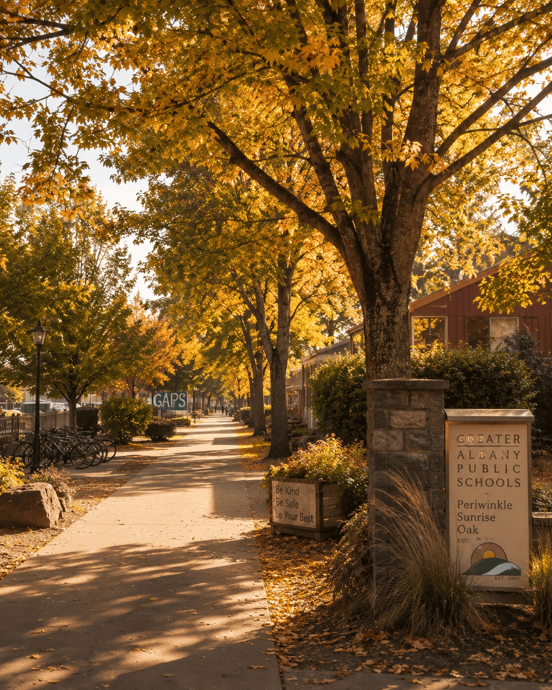 Tree-lined walking path leading to an Albany elementary school in soft afternoon light.