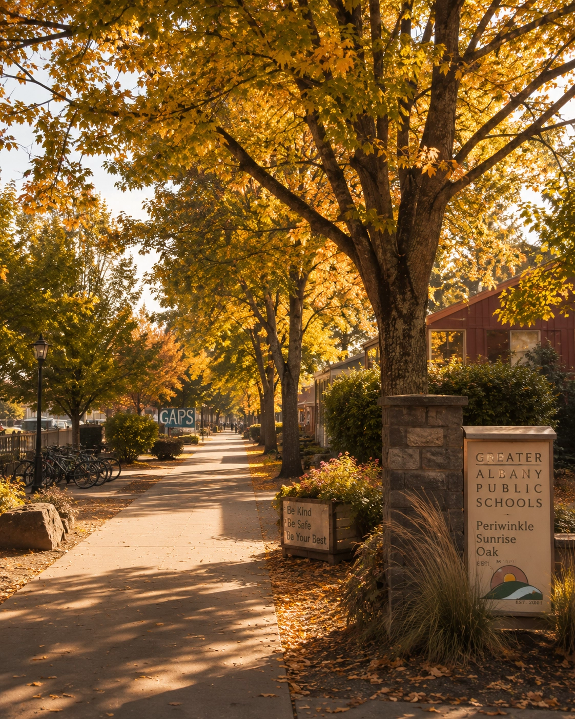 Tree-lined walking path leading to an Albany elementary school in soft afternoon light.