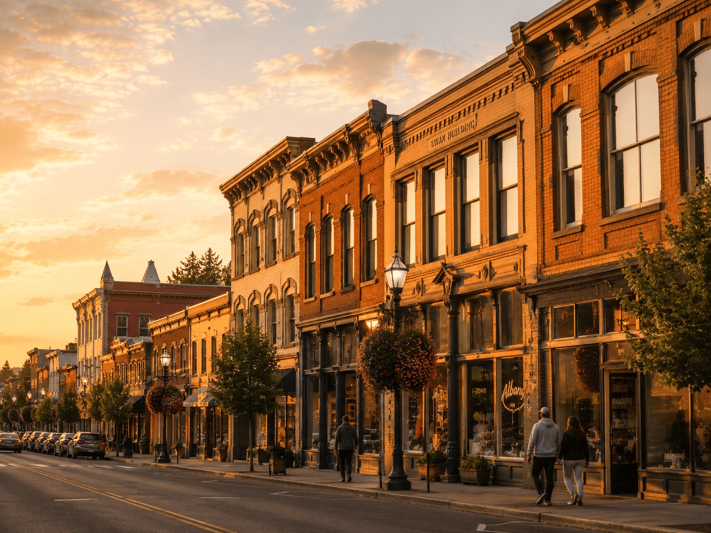 Historic downtown Albany Oregon at golden hour with brick facades and warm storefront light.