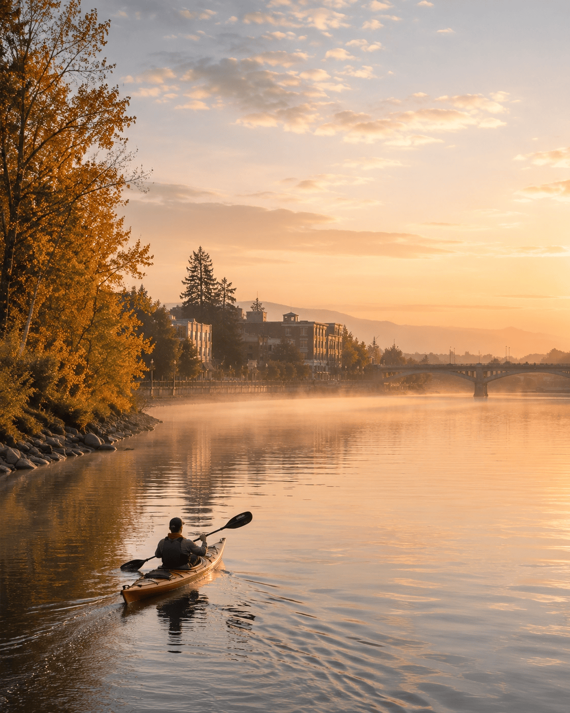 Soft morning light over the Willamette River in Albany, Oregon with mist rising off the water.