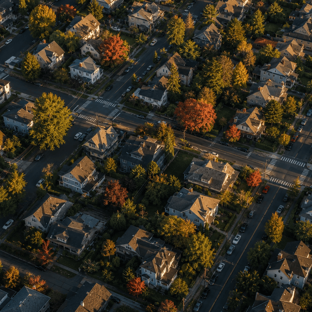 Aerial editorial photograph of an Albany residential corridor in soft afternoon light.