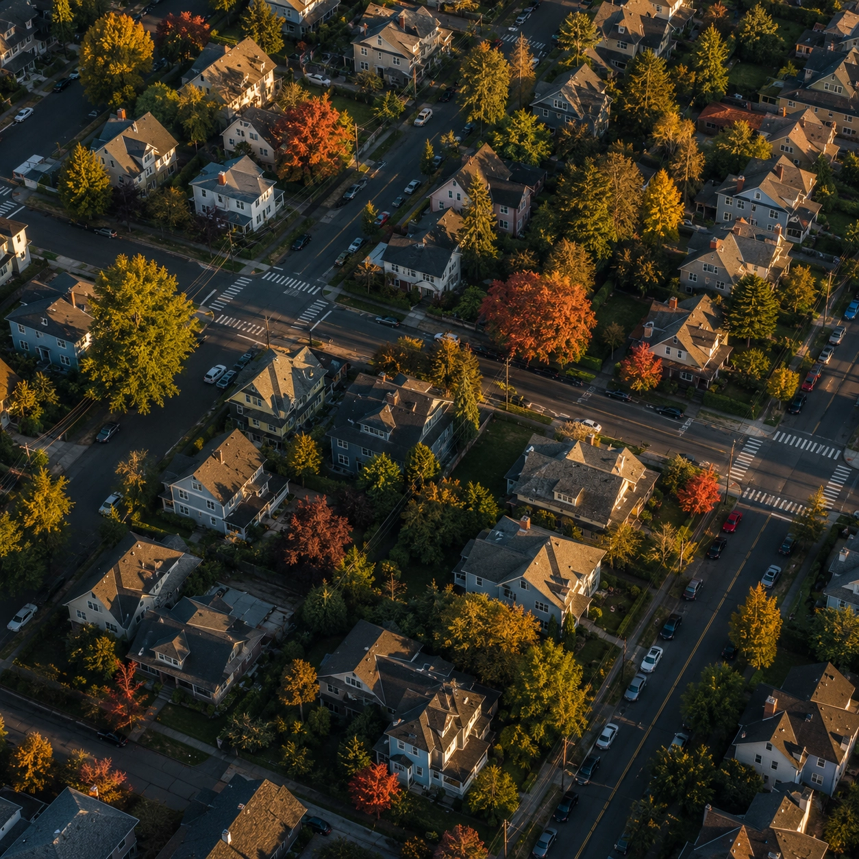 Aerial editorial photograph of an Albany residential corridor in soft afternoon light.
