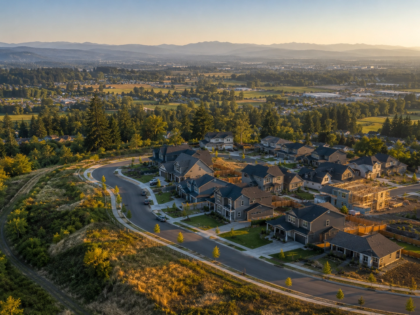 Aerial view of Knox Butte neighborhood in east Albany with new homes and Cascade foothills beyond.