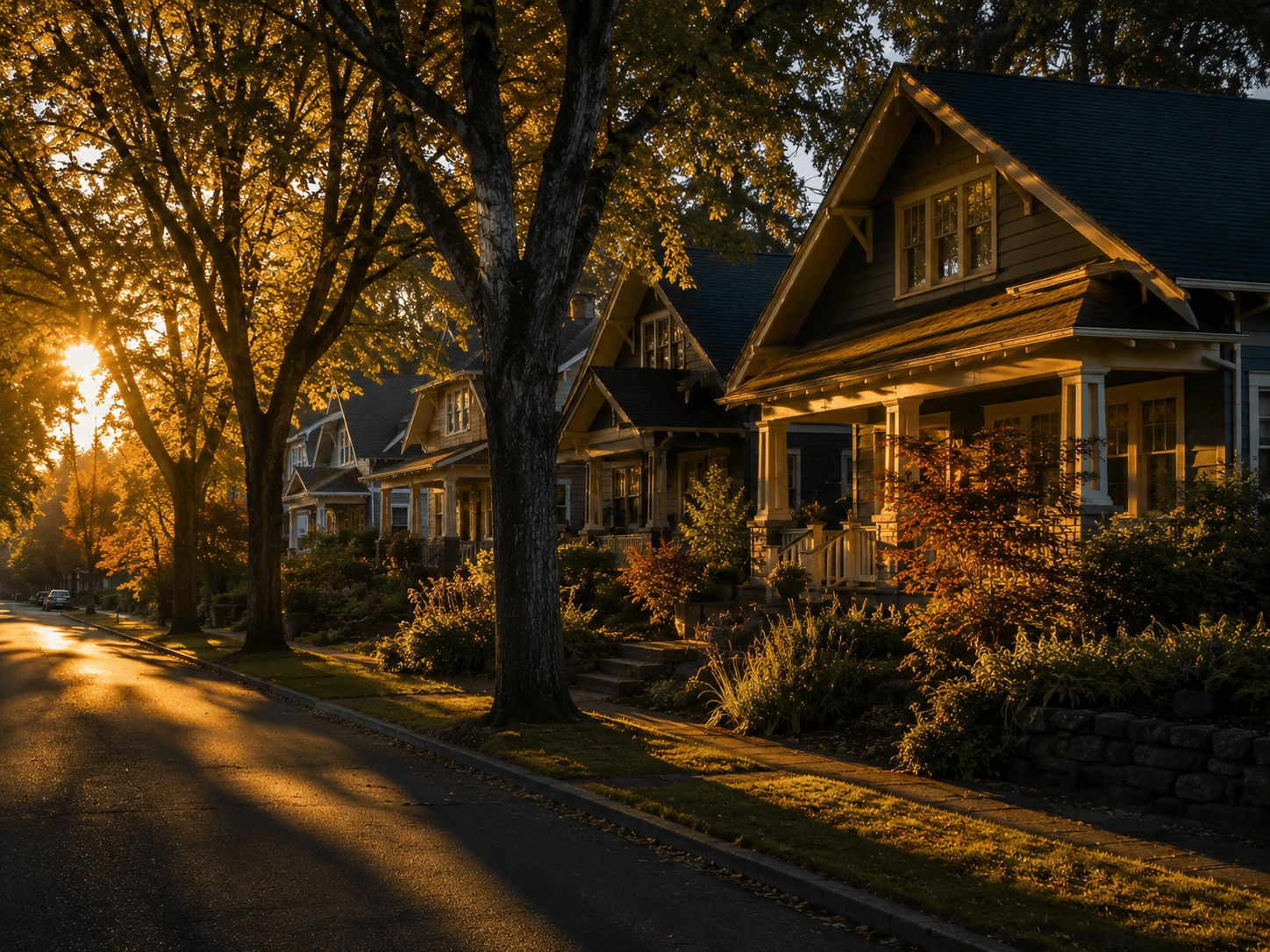 North Albany residential street at golden hour with mature trees and craftsman-style homes.