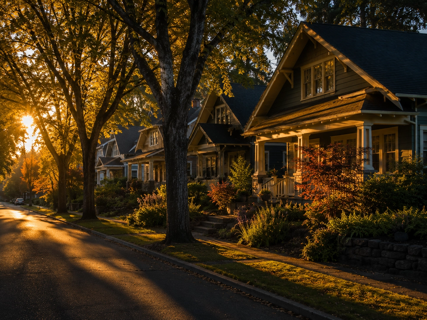 North Albany residential street at golden hour with mature trees and craftsman-style homes.