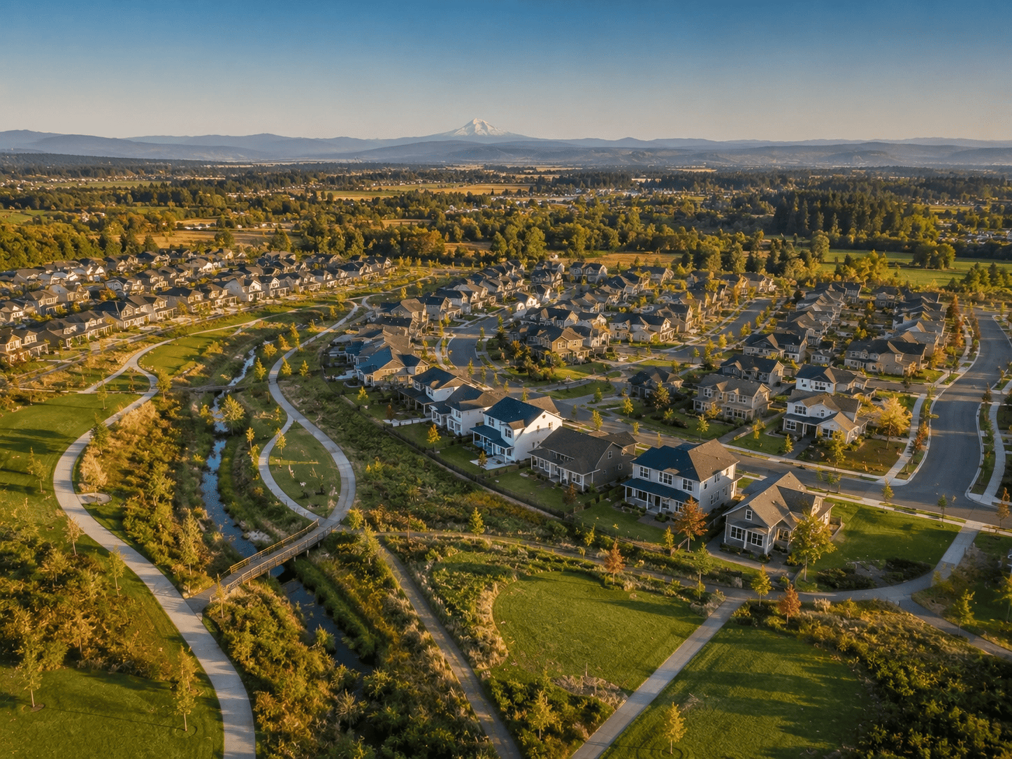 Aerial of Oak Creek master-planned community in south Albany Oregon with trails and Cascade horizon.