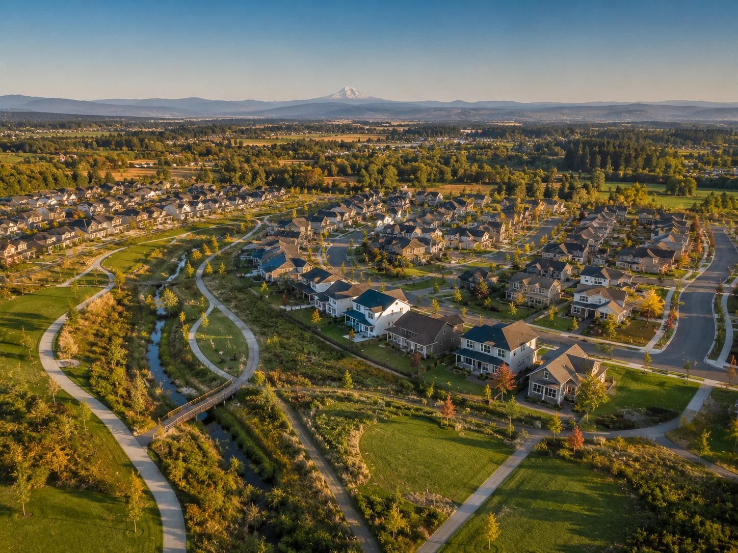 Aerial of Oak Creek master-planned community in south Albany Oregon with trails and Cascade horizon.