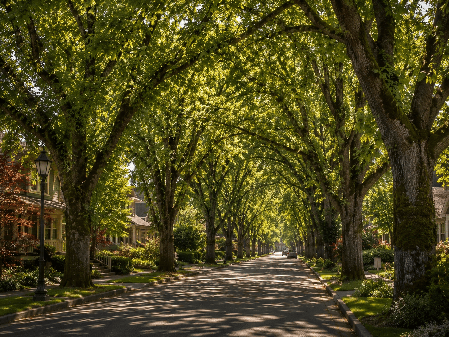 Periwinkle neighborhood in Albany Oregon with mature canopy oaks arching over a quiet residential lane.