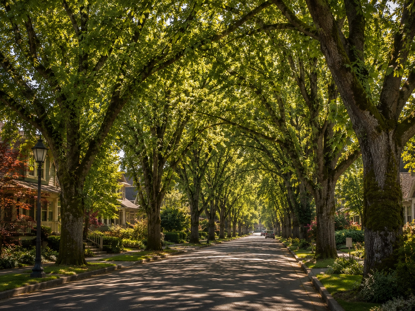 Periwinkle neighborhood in Albany Oregon with mature canopy oaks arching over a quiet residential lane.